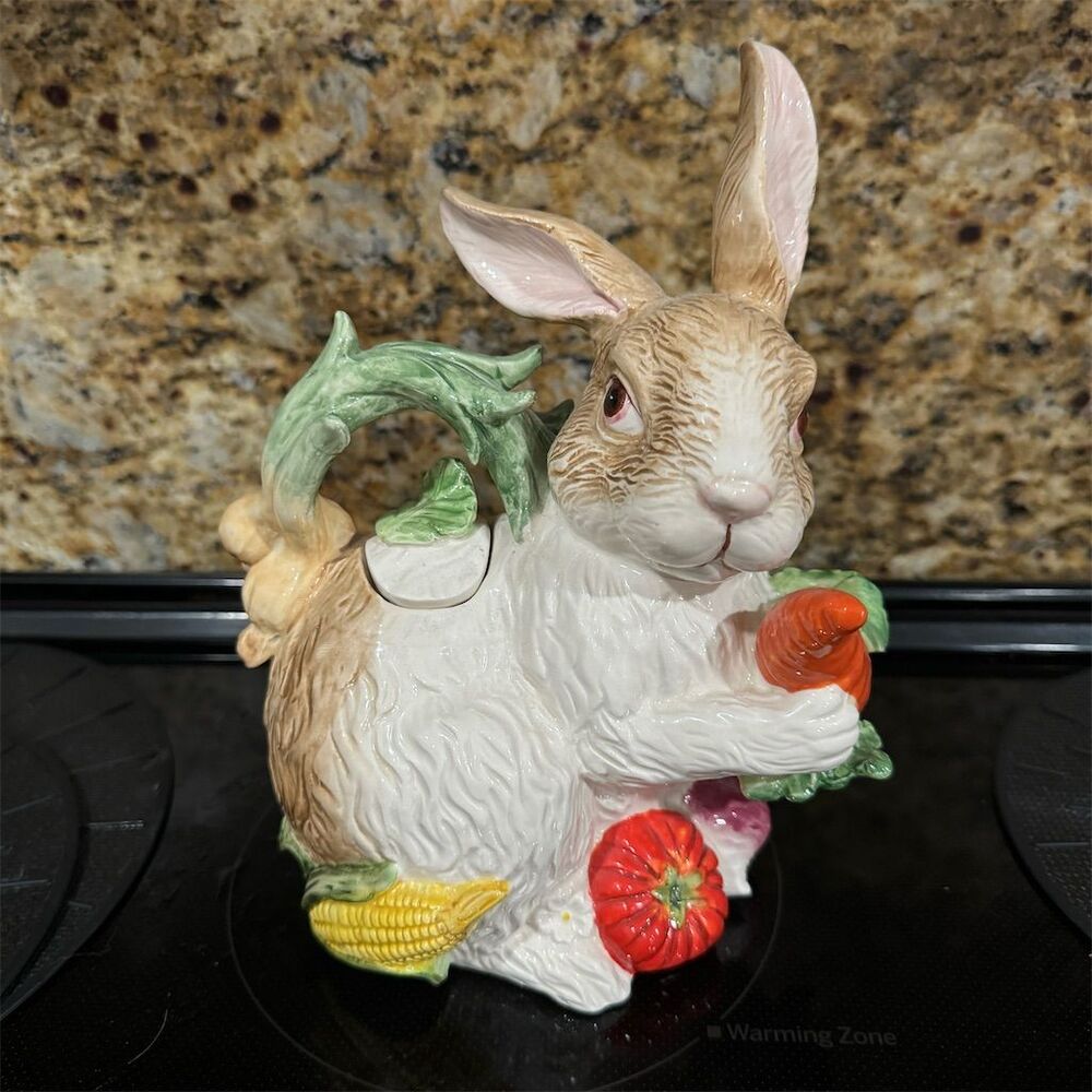 Hand Painted Bunny Rabbit Teapot Whimsical Decor 8.5"